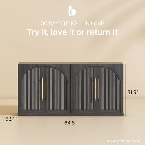 BELLEZE Set of 2 65" Sideboard Cabinet with Double-Arc Wood Doors, Large Buffet Cabinet with Storage and Adjustable Shelves, Classic Modern Console Sideboard for Living Room Kitchen Entryway (Ebony) - Image 2