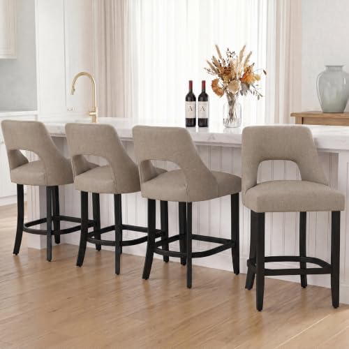 UVV Bar Stools Set of 4, Upholstered Counter Height Bar Stools, Modern Counter Stools with Wood Legs for Kitchen Island Dining Room Bar, Khaki-Black Legs - Image 4