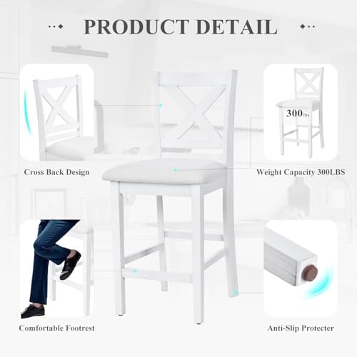 COLAMY Wooden Bar Stools Set of 4, Counter Height Bar Stools, Mid Century Modern Bar Stools with Backs, 25 Inch Upholstered Fabric Wooden Barstools for Kitchen Island Dining Room Bar, Grey White Wash - Image 5