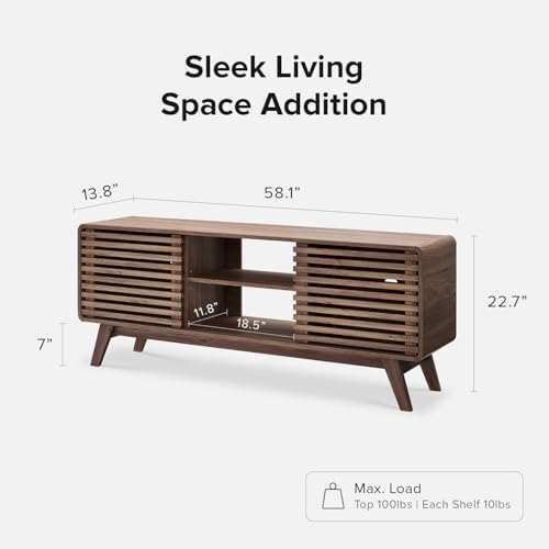 mopio Ensley 59" Tall TV Stand with Slatted Door, Mid Century Modern Entertainment Center for 55-65 inch TV, Farmhouse Media Console with Storage, Adjustable Shelves, Round Edges, Living Room (Walnut) - Image 2
