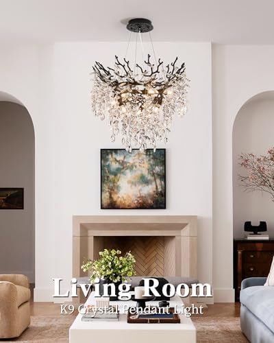 Modern Crystal Chandelier for Dining Room, 23.62" Black Tree Branch Chandeliers, 8-Light Luxury K9 Crystal Round Chandeliers for Kitchen Island Living Room - Image 3