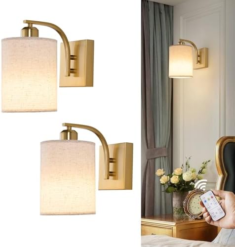 Powfloven Gold Rechargeable Wall Sconces Set of 2 with Remote, Wireless Battery Operated Dimmable LED Wall Lights, Cordless Wall Lighting Lamp Fixture for Bedroom Living Room by Powfloven