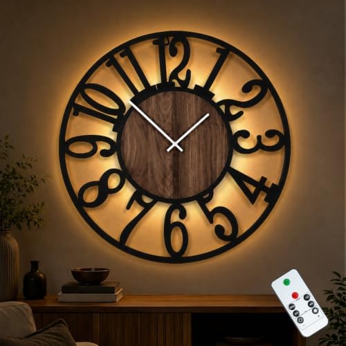 30" Silent Large Wall Clock – Adjustable Night Light, Battery Operated by Casaformia