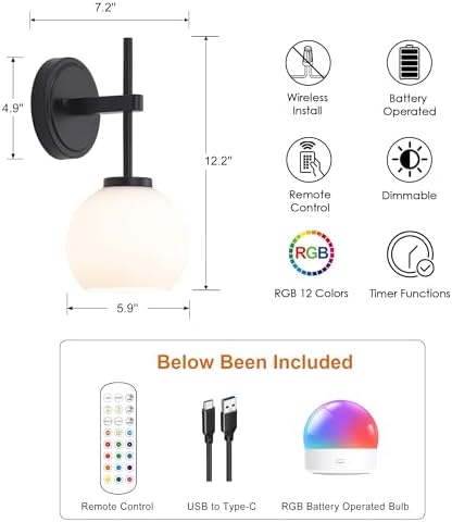 SANTOSTOCK Black Wireless Rechargeable Wall Sconces with Remote Control, Battery Operated Wall Sconce Set of 2, LED Dimmable Wall Lights with Opal White Glass Shade, 12 Colors RGB & 3 CCT Bulb - Image 2