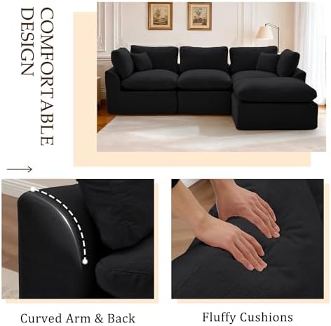 Korser 110" Cloud Sectional Boneless Couches for Living Room, Modern Modular Sectional Sofa with Ottoman, Cloud Couch with Comfy Deep Seats, Cut Pile Chenille L-Shape Sofa Couch for Living Room, Black - Image 5