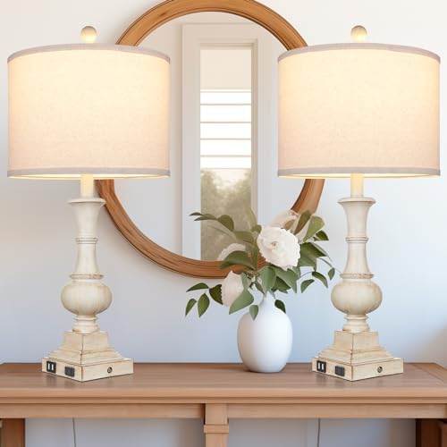 26" Farmhouse Table Lamps, Table Lamps For Living Room Set of 2 with USB A+C Ports & AC Outlet, Vintage Rustic Touch Control 3-Way Dimmable Boho Nightstand Lamp White Washed Resin for Bedroom Deocr - Image 2