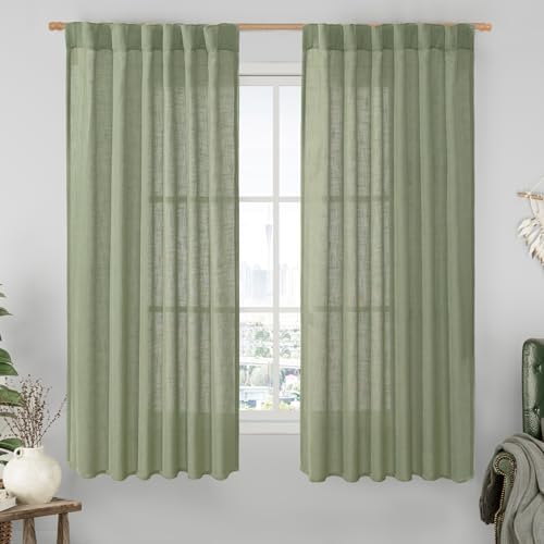 LAMIT Sage Green Semi Sheer Linen Curtains 60 Inch, Light Filtering Panels by LAMIT