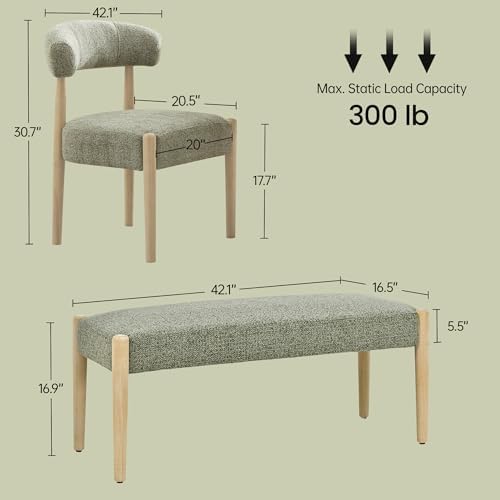 VKNOW Upholstered Dining Room Set for 6, Mid-Century Modern Dining Chairs Set of 4 and Dining Bench with Rubberwood Legs, for Dining Room, Living Room, Kitchen, Green - Image 2