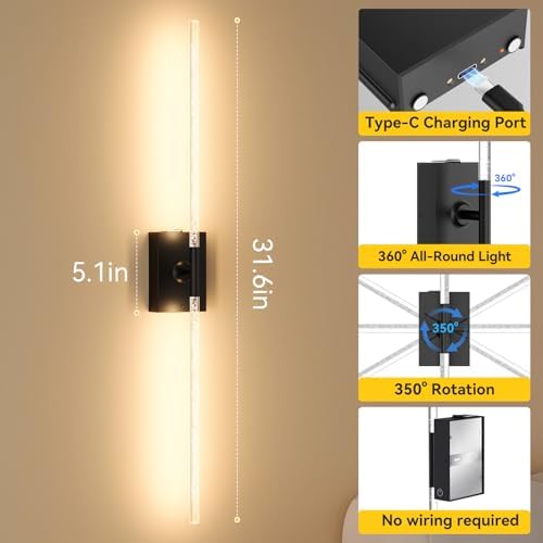 Battery Operated Wall Sconces Set of 2, Remote, 10000mAh, Black, Bubble - Image 5