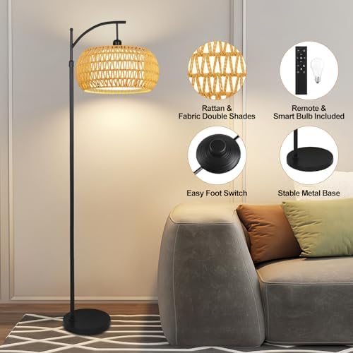 Arc Floor Lamps for Living Room Rattan Boho Floor Lamp with Remote Control,Dimmable LED Floor Lamp Wicker Lamp Shades Black Standing Lamp with 3 Color Temperature Tall Floor Lamps For Bedroom Corner - Image 4
