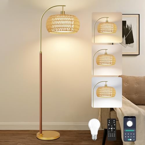 Wood Arc Floor Lamps for Living Room,Boho Rattan Floor Lamp with Remote Control & 3 Color Temperatures,Dimmable Mid Century Modern Standing Lamp Farmhouse Vintage Tall Floor Lamp For Bedroom Corner by ZECOXOL