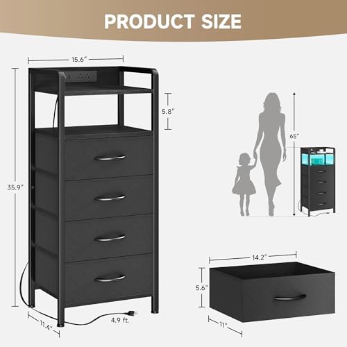 Lazzanto Nightstand with Rear Charging Station, LED Light, 4 Drawers, Black - Image 3