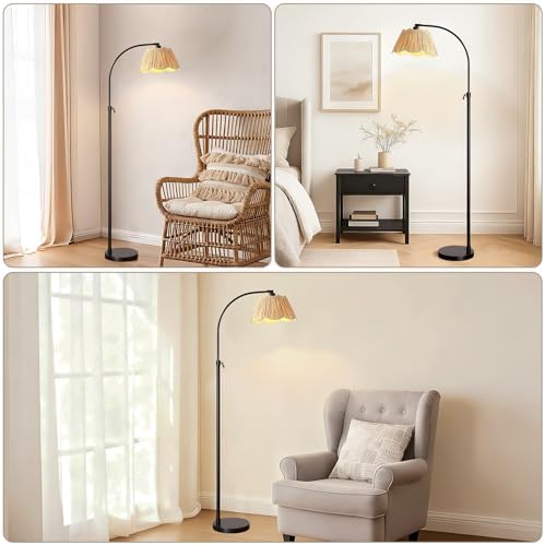 64'' Adjustable Arc Floor Lamp with Woven Pleated Shade, Black - Image 4
