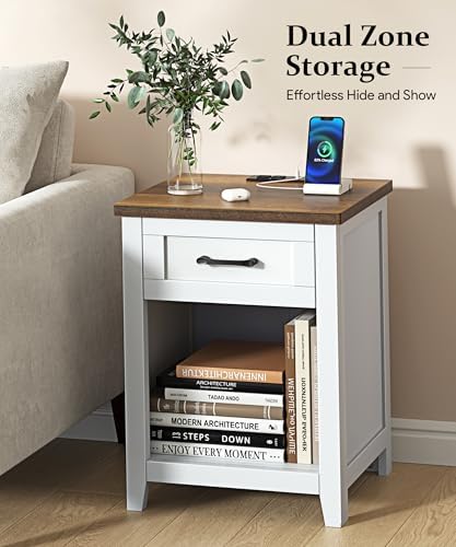 Decofy Farmhouse Nightstand with Charging Station, White & Walnut - Image 4