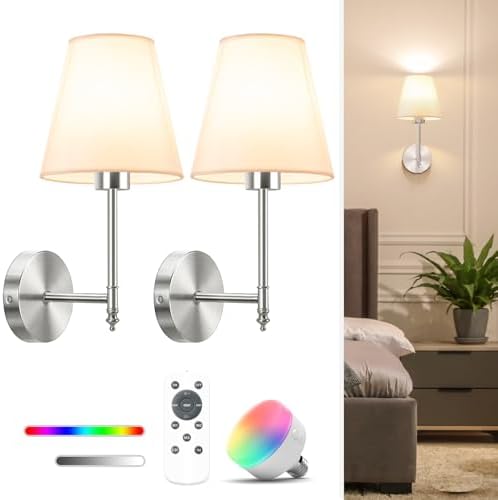 NIORSUN 14.5 inch Battery Operated Wall Sconce Set of 2,Brushed Nickel Rechargeable Wall Lights with 10400mAh Dimmable Bulbs and Remote,9 Colors Wireless Sconces for Bedroom Living Room Decor by NIORSUN