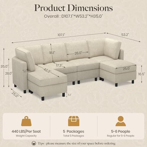 Belffin 110.2" Modular Sectional Sofa 6 Seats U Shaped Couch Washable Sectional Couches for Living Room Comfy Couches with Storage Seat Couch Sofas with Chaise,Beige - Image 2