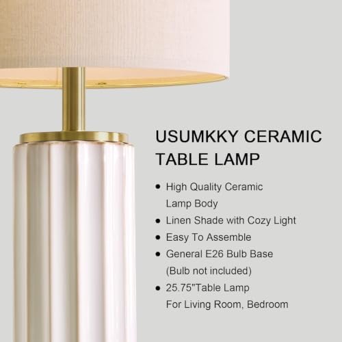 USumkky 25.75" Off-White Ceramic Table Lamp Set of 2, Mid Century Modern Bedside Nightstand Lamps for Bedroom Living Room, Linen Shade & Gold Metal Base, Rotary Switch E26 (Bulbs Excluded) - Image 2