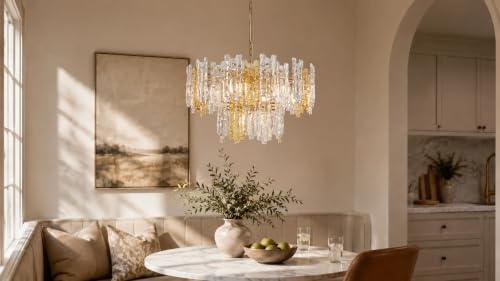 26" 7-Light Modern Art Ice Stick Crystal Chandelier, 2-Tier Round Gold Farmhouse Amber & Clear Glass Pendant Light Fixture, Perfect for Living Room, Dining Room, Entryways - Image 2