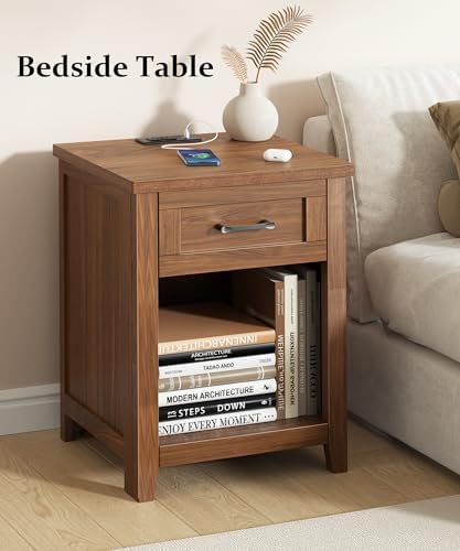 Decofy Farmhouse Nightstand with Charging Station, Walnut - Image 7