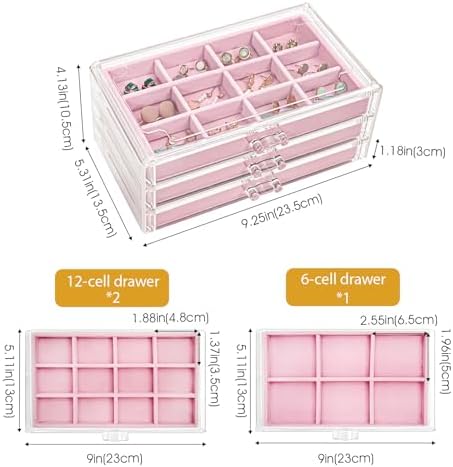 ProCase Earring Holder Organizer Jewelry Box with 3 Drawers, Pink - Image 4