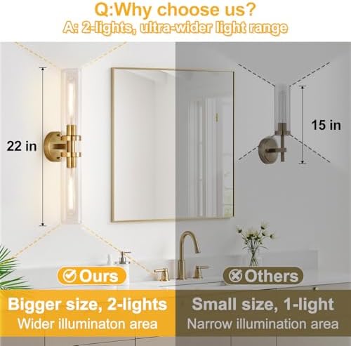 Indoi Brushed Gold Wall Sconces, Hardwired Bathroom Sconces Wall Lighting with Clear Glass, Modern Sconces Wall Light fixtures for Bathroom Mirror Living Room Hallway Bedroom - Image 3