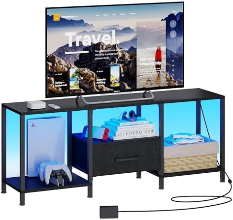 JARHETUN TV Stand with LED Lights, Entertainment Center with Open Shelves and Fabric Drawer, Media Console for 55 Inch TV, Television Stands for Living Room, Bedroom, Black by JARHETUN
