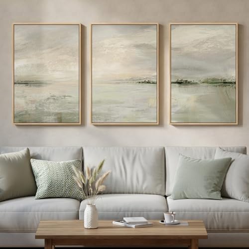 Large Framed Sage Green Abstract Landscape Wall Art, 3 Piece Set, 20x30 In by Cuspin
