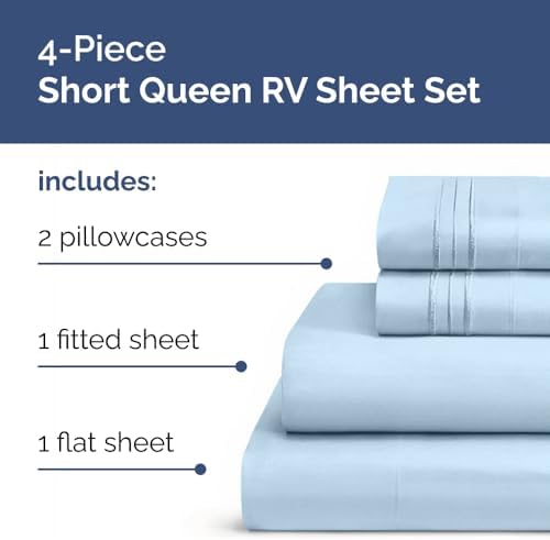 Short Queen Size 4 Piece Bed Sheet Set - RV Short Queen Sheets - Light Blue - Image 2