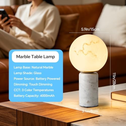 Natural Carrara White Table Lamp Cordless Rechargeable Marble Touch Night Light with Glass Shade 3 Color Adjustable LED Dimmable Ambient Lighting for Bedroom Living Room Desk Shelf - Image 3