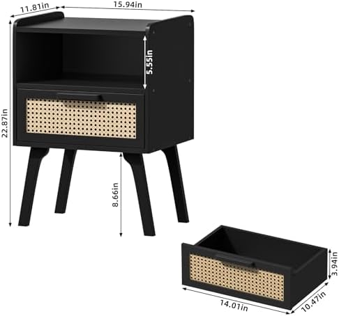 Lerliuo Rattan Nightstand, Bedside Table with Drawer Open Shelf - Image 3