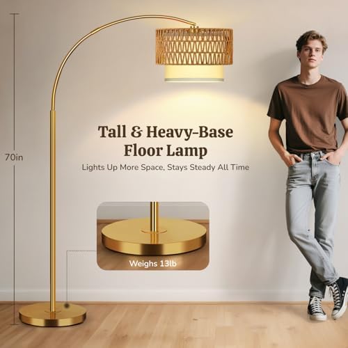 Gold Floor Lamps for Living Room, Arc Floor Lamp with Remote & Dimmable Bulb, Boho Standing lamp with 3 Color Temperatures, Adjustable Rattan & Fabric Shades Tall Lamp, Over Couch Reading Lamp - Image 3
