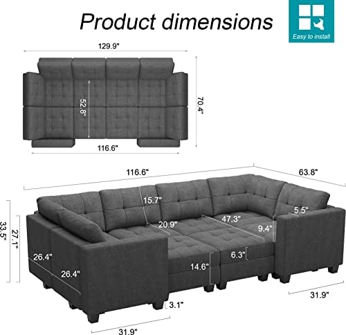 Belffin Modular Sleeper Sofa Bed with Storage Seat Oversized Modular Sectional Sofa Couch Set Reversible Modular Sleeper Sectional Couch Bed Dark Grey BF0390-1 - Image 2