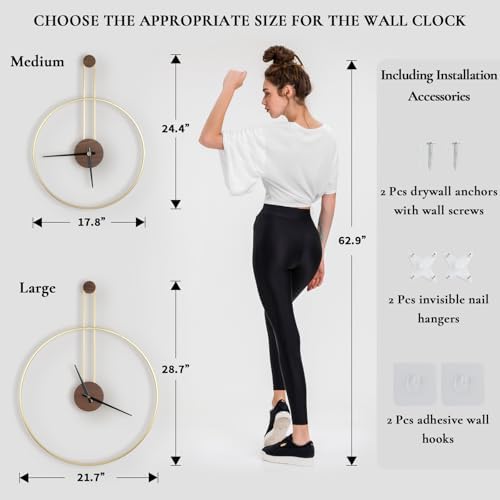 DRELIFAM Modern Wall Clock, Large 21.7''×28.7'', Walnut Dial, Silent Non-Ticking Metal Clock for Home Decor, Gold - Image 6