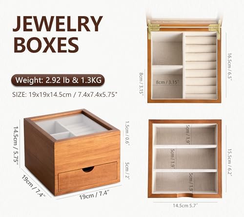 Clasin Home Jewelry Box with Glass Lid, 2 Layer Jewelry Organizer for Women, Solid Wooden Jewelry Box Display for Ring Earrings Necklace Bracelet, Pine Wood Jewelry Boxes Vintage Style for Gifts - Image 5