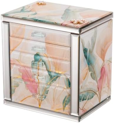 High End Glass Jewelry Box for Women, 5 Layer, Pink Floral by Homruilink