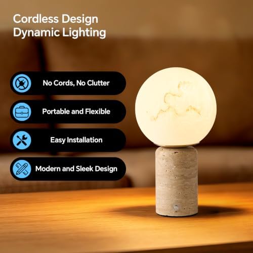 Natural Travertine Table Lamp Cordless Rechargeable Marble Touch Night Light with Glass Shade 3 Color Adjustable LED Dimmable Ambient Lighting for Bedroom Living Room Desk Shelf - Image 5