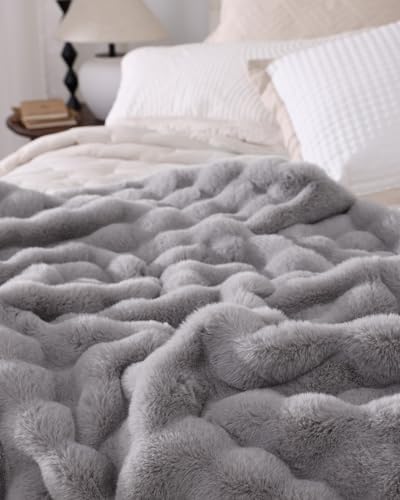 Ultra Soft Cozy Faux Fur Throw Blanket, Fuzzy Plush Thick Bubble Blanket, Oversize Luxury Fluffy Blanket for Couch, Bed, and Living Room, 60x80 Inches, Light Grey - Image 2