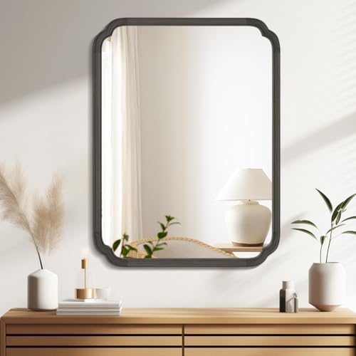WallBeyond 28" x 40" Rounded Corner Arch Wall Mirror with Wood Frame for Entryway, Living Room or Bedroom Home Decor - Light Woodgrain [28 x 40 inches, Black] - Image 3