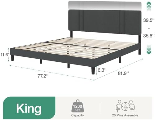 Novilla King Size Bed Frame with Adjustable Headboard Platform King Bed Frame Linen Fabric Upholstered Headboard, No Box Spring Needed, Wooden Slats Support, Easy Assembly, Dark Grey - Image 2