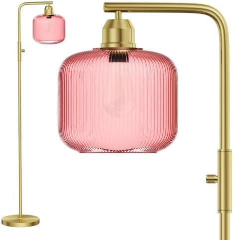 66" Dimmable Gold Standing Lamp with Pink Ribbed Glass for Living Room by Karjoefar
