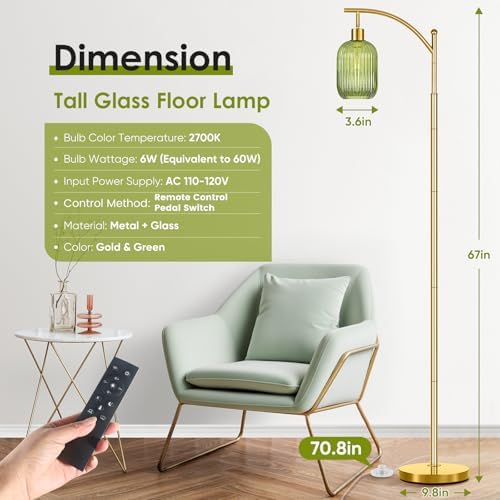 gernehop Gold Floor Lamp for Living Room with Remote Control,Unique Vintage Standing Tall Lamp,Mid Century Modern Floor Lamps Arc Green Glass Floor Lamps for Office Corner - Image 2