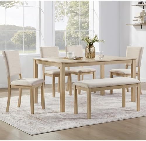VilroCaz Farmhouse 6 Piece Dining Table Set, Wooden Rectangular Kitchen Table Set with 4 Upholstered Chairs and Bench for Living Room, Kitchen, Dining Room by VilroCaz