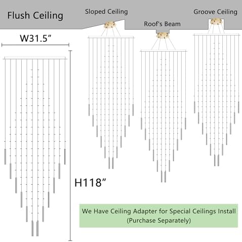HAIXIANG W32 x H120 Glam Chandelier with LED Bulbs Square Chandeliers, Crystal Raindrop High Ceiling Pendant Light for Entrance Large Villa Foyer Lighting Fixtures Gold - Image 2