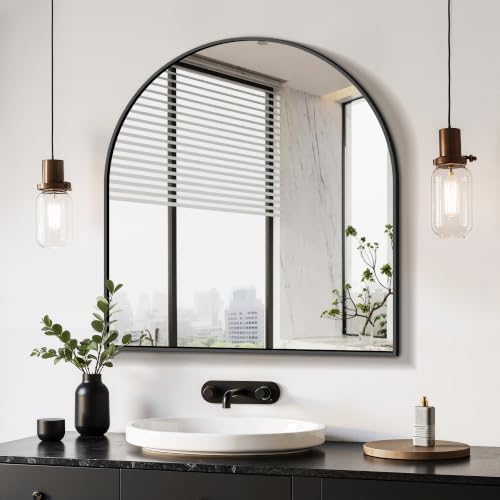 Delma Arched Bathroom Mirror, Black, 32"x30" by Delma