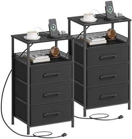 JARHETUN Nightstand Set of 2, Night Stands with Charging Station, 26.4 Inch Tall Bedside Table with Metal Shelf, Modern Side End Table with 3 Fabirc Drawers, Small Dresser for Bedroom, Black by JARHETUN