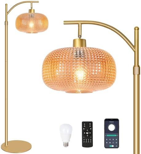 Glass Floor Lamp for Living Room with Amber Glass Lampshade&Remote Control by infusesyourabodewithwarmth