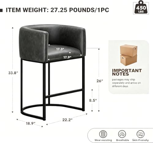 26" H Counter Height Bar Stools Set of 2, Modern Barrel Counter Stools with Backrest and Arms, Faux Leather Upholstered Accent Barstools for Kitchen Island,Support 450 LBS (Black) - Image 2