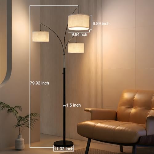 Dimmable Arc Floor Lamp, 3 Lights Floor Lamps for Living Room, 1500LM Rotary Switch Modern Tall Standing Lamp with Beige Shades & Heavy Base, Mid Century Tree Floor Lamp for Bedroom Office - Image 4