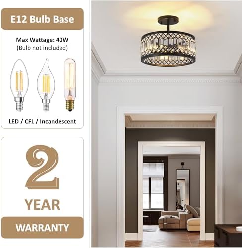 CNRATYE 12.6" Crystal Semi Flush Mount Ceiling Light Fixture, 3-Light Antique Black Hallway Light Fixtures, Round Chandelier for Bathroom Entryway Closet Bedroom Kitchen Dining Room - Image 2