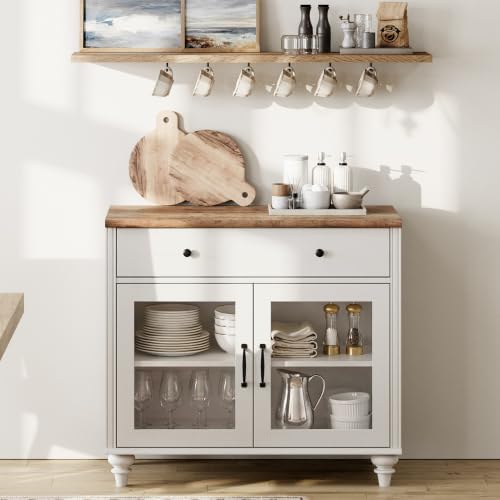 WAMPAT Buffet Cabinet with Glass Doors, Kitchen Storage Cabinets, White by WAMPAT